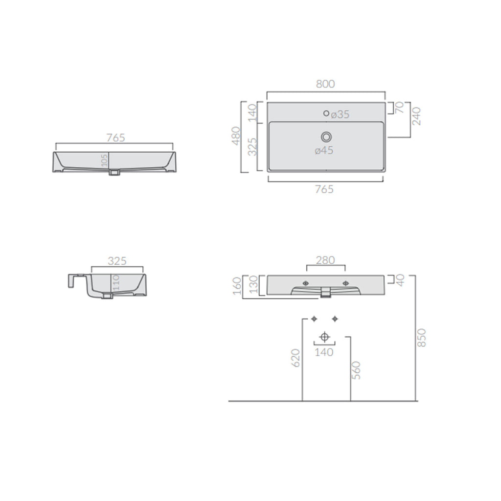 Lavabo rettangolare da appoggio/sospeso serie Plus Design di Ceramica Galassia - Bianco lucido 80x48cm