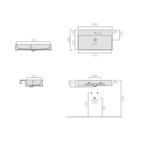 Lavabo rettangolare da appoggio/sospeso serie Plus Design di Ceramica Galassia - Bianco lucido 80x48cm