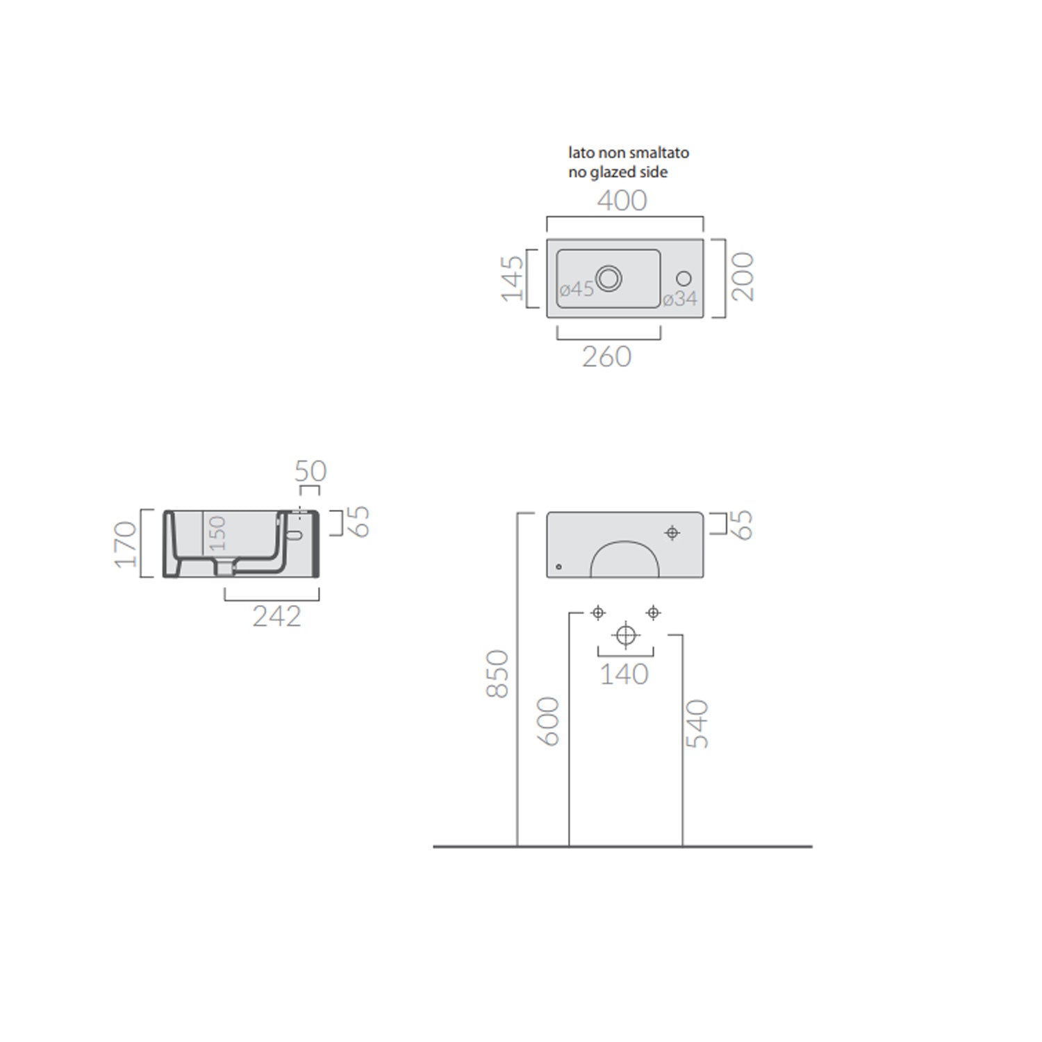 Lavabo da appoggio/sospeso serie Plus Design di Ceramica Galassia -  Bianco lucido 40x20cm