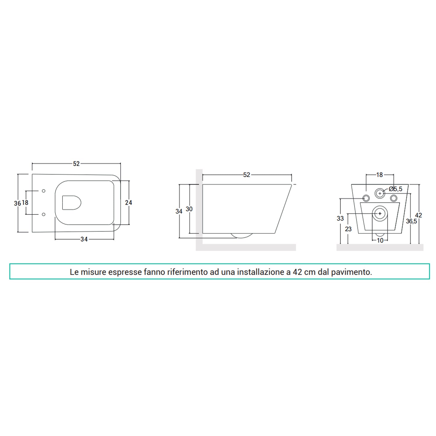 Sanitari filomuro senza brida con copriwater Soft Close BathCore serie Tela L 36 x P 52 x H 34 cm â€“ Bianco lucido