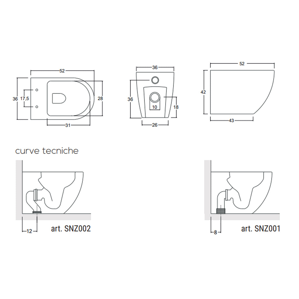 Sanitari filomuro senza brida con copriwater soft close BathCore serie Nilo L 36 x P 52 x H 42 cm â€“ Bianco lucido