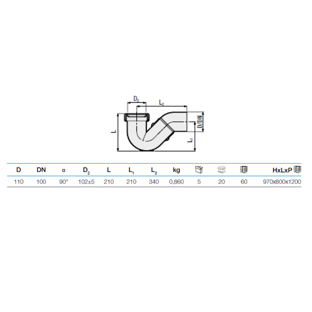 Sifone allacciamento per vaso turca a uscita orizzontale - Diametro Ã˜110
