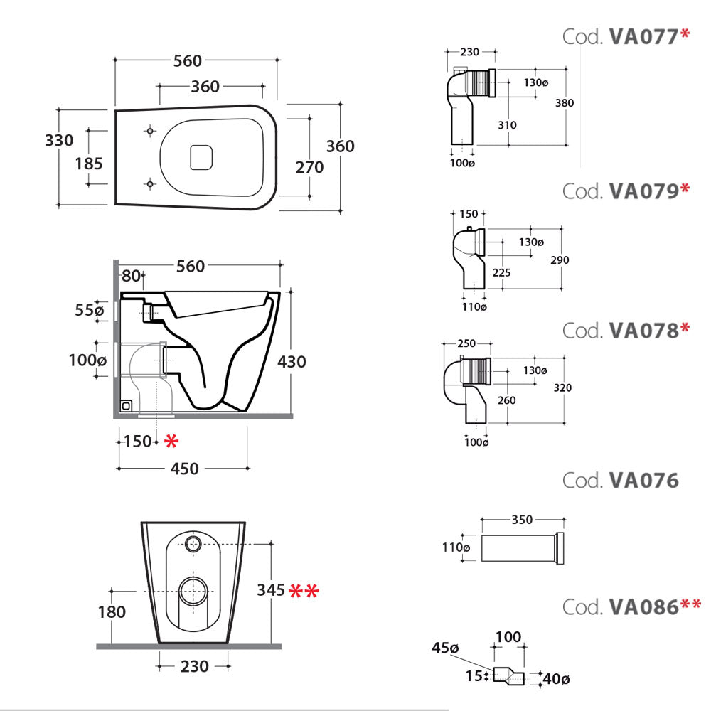 Sanitari Filo parete Ceramica Globo Stone 56 Multi scarico traslato con Sedile soft close