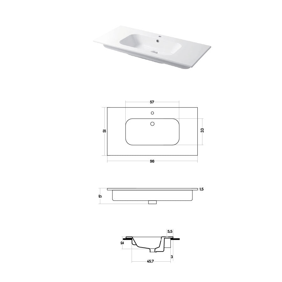Lavabo a consolle in ceramica bianca lucida serie Qubo Square 51 Disegno-Ceramica 96cm