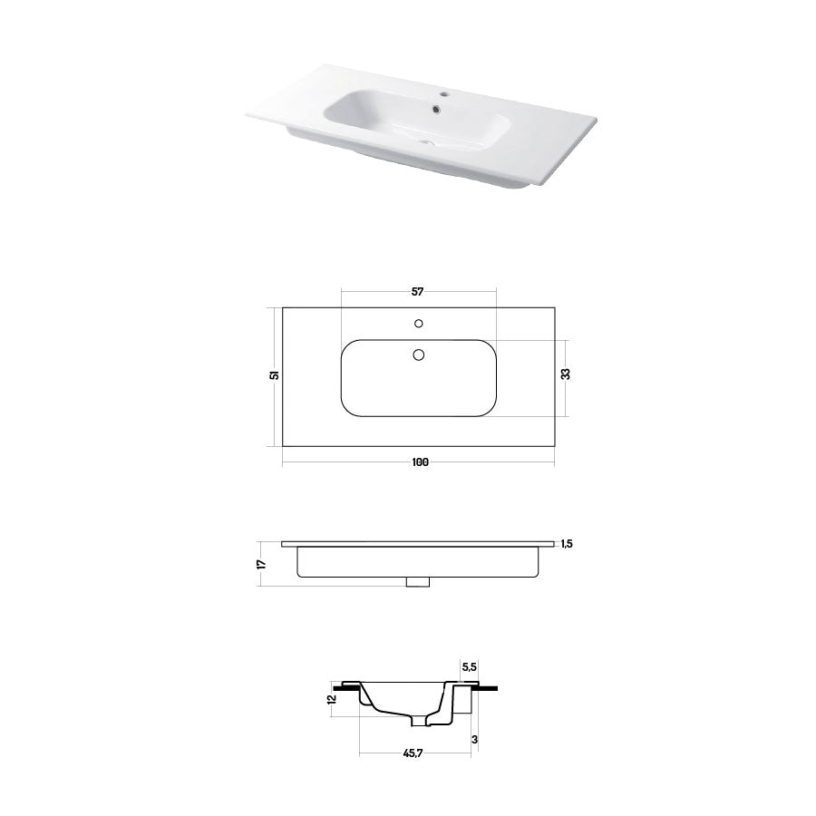 Lavabo a consolle in ceramica bianca lucida serie Qubo Square 51 Disegno-Ceramica 101cm
