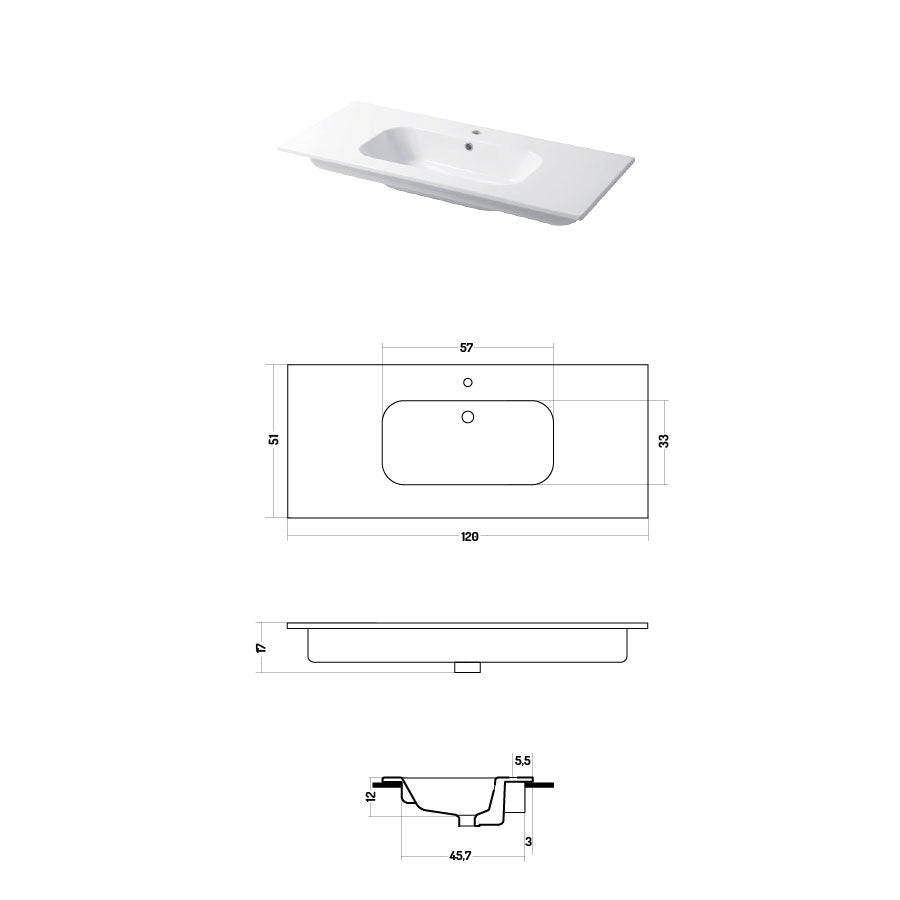 Lavabo a consolle in ceramica bianca lucida serie Qubo Square 51 Disegno-Ceramica 121cm