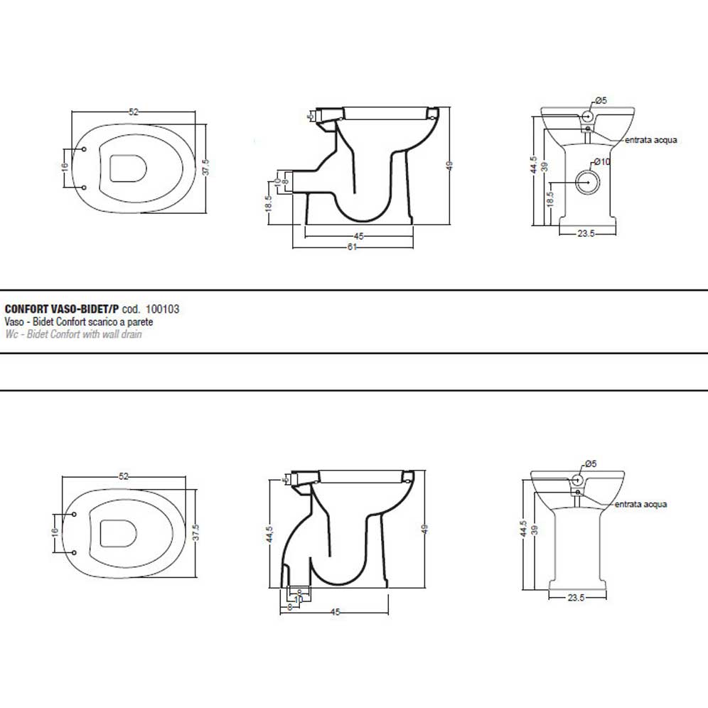 Vaso bidet chiuso con erogatore e scarico a pavimento adatto per disabili e anziani