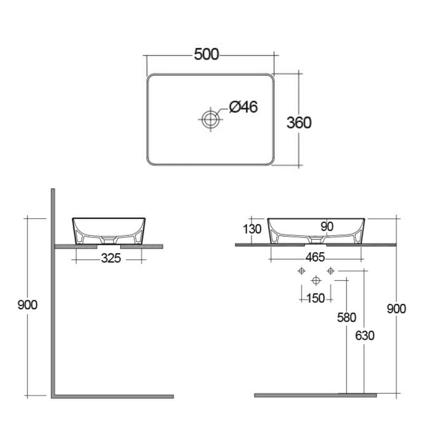 Lavabo da appoggio rettangolare bordi sottili Sensation in ceramica 50x36 cm- Beige Opaco