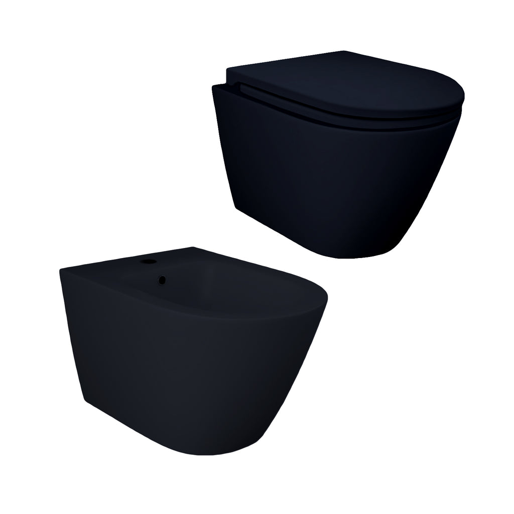 Sanitari sospesi cm 52x36 mod. Sensation wc rimless+bidet+sedile soft close Nero Opaco