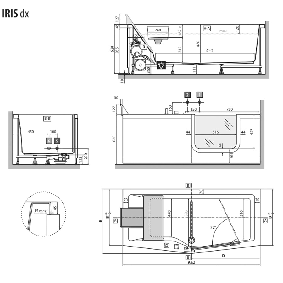 Vasca per anziani Iris 160x70 cm con porta a destra e installazione a destra