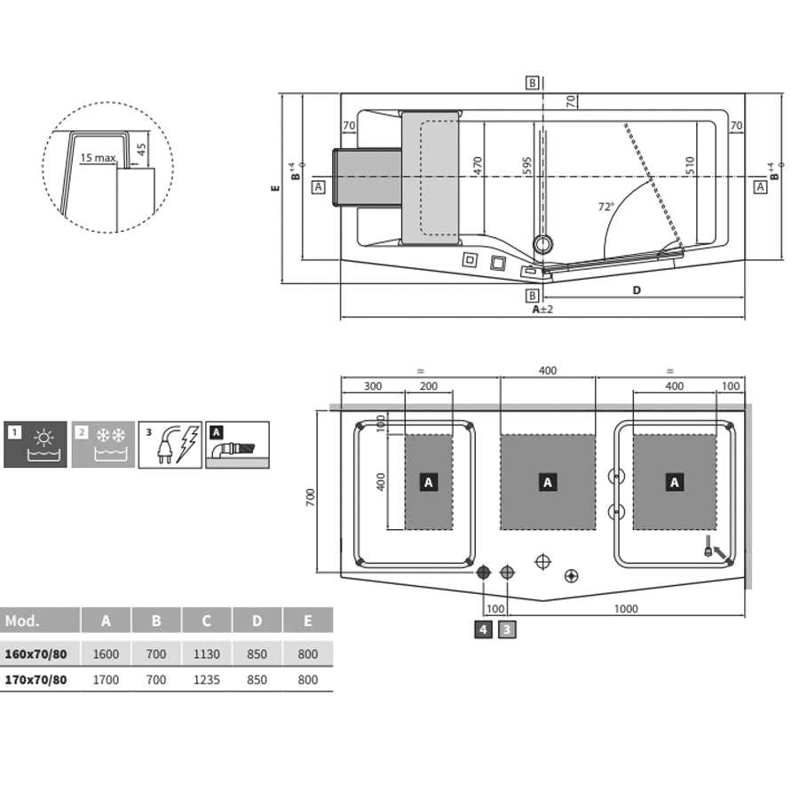 Vasca per anziani Iris 160x70 cm con porta a destra e installazione a destra