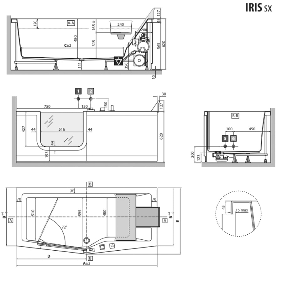 Vasca per anziani Iris 170x80 cm con porta a sinistra e installazione a sinistra