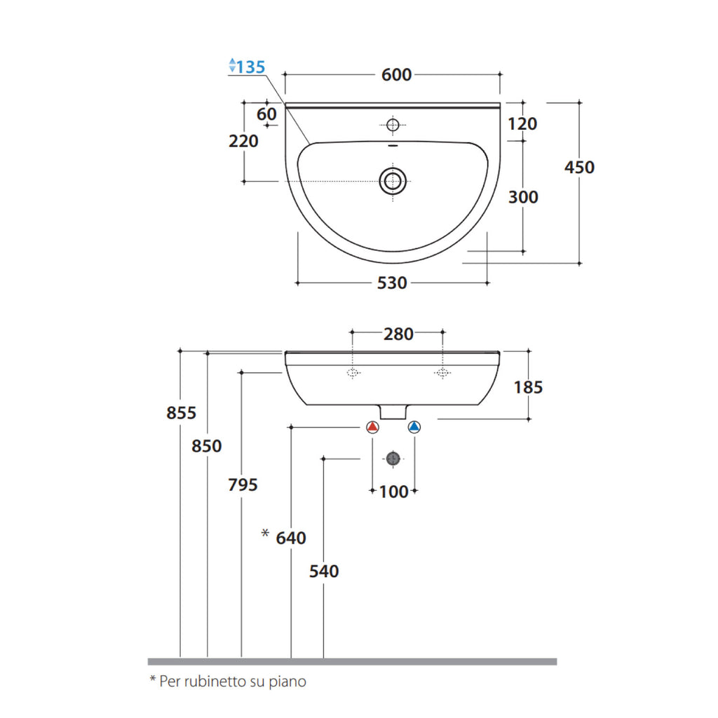 Lavabo Lavandino Sospeso modello Grace 60 Ceramica Globo