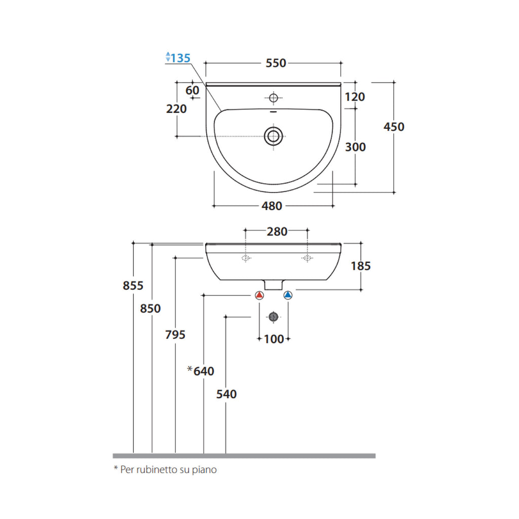Lavabo Lavandino Sospeso modello Grace 55 Ceramica Globo