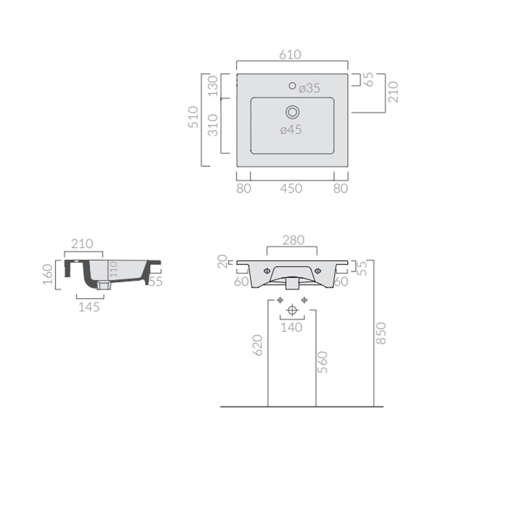 Lavabo ad incasso/sospeso serie Plus Design di Ceramica Galassia -  Bianco lucido 61x51cm