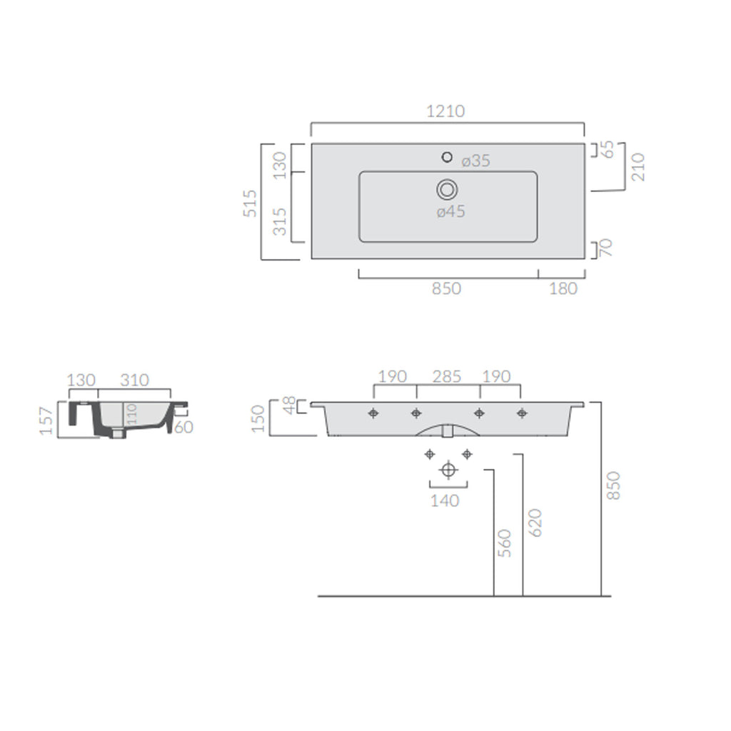 Lavabo vasca unica ad incasso/sospeso serie Plus Design di Ceramica Galassia - Bianco lucido 121x51cm