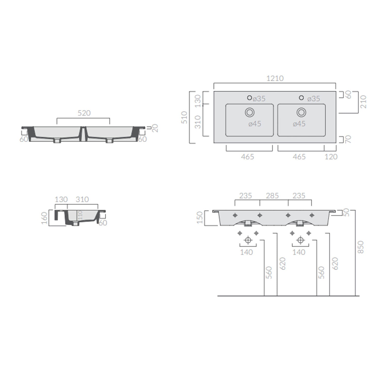 Lavabo vasca doppia ad incasso/sospeso serie Plus Design di Ceramica Galassia - Bianco lucido 121x51cm