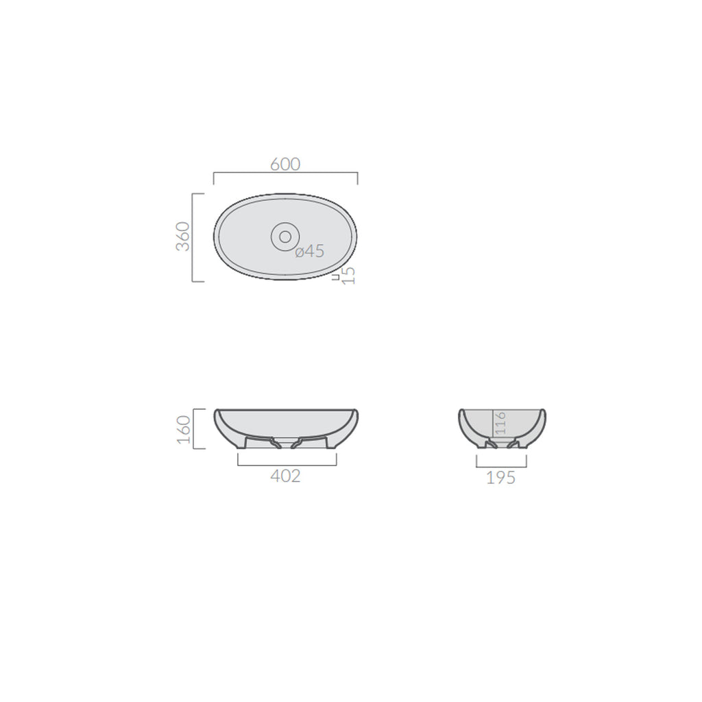 Lavabo da appoggio in ceramica serie Ergo di Ceramica Galassia -  Bianco lucido 60x36xh16cm