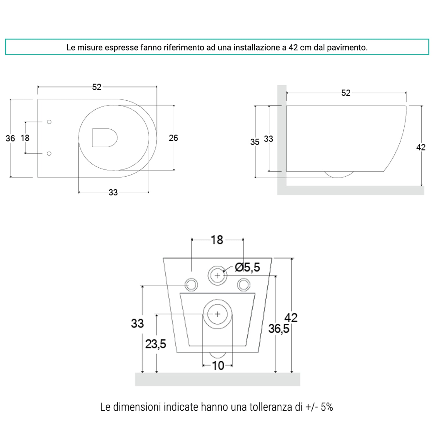 Sanitari sospesi senza brida con Copriwater Soft Close BathCore serie Aria 52x37 - Bianco Opaco