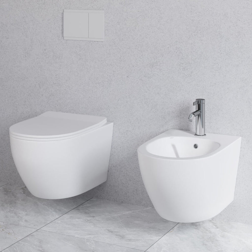 Sanitari sospesi senza brida con Copriwater Soft Close BathCore serie Aria 52x37 - Bianco Opaco