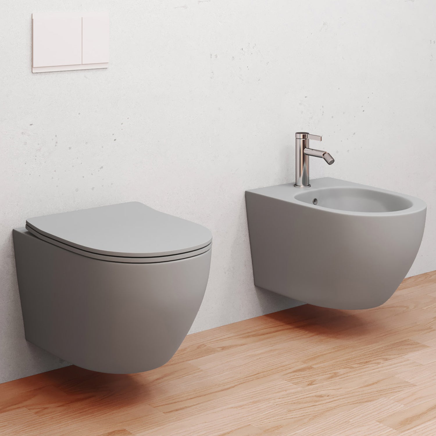 Sanitari sospesi senza brida con Copriwater Soft Close BathCore serie Aria 52x37 - Grigio Opaco