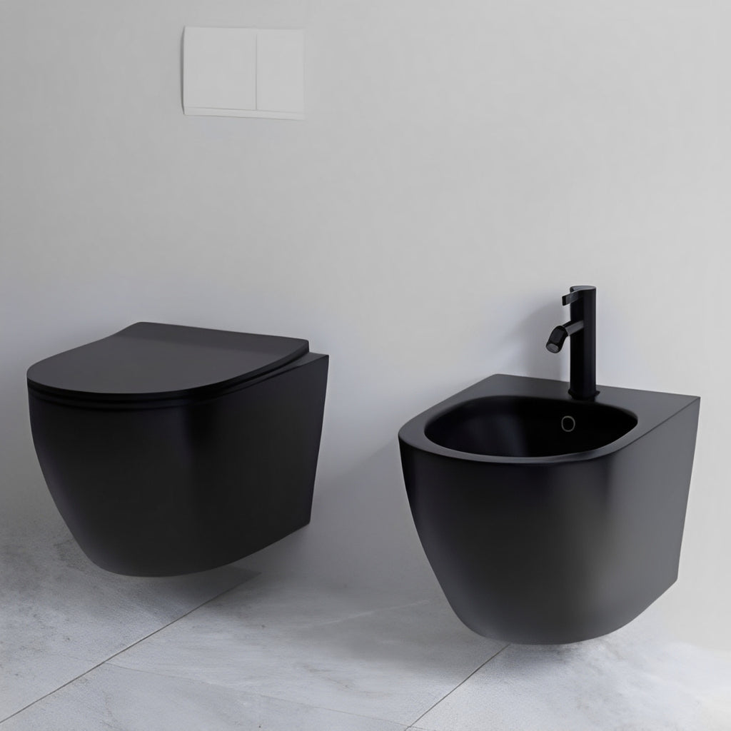 Sanitari sospesi senza brida con Copriwater Soft Close BathCore serie Aria 52x37 - Nero Opaco