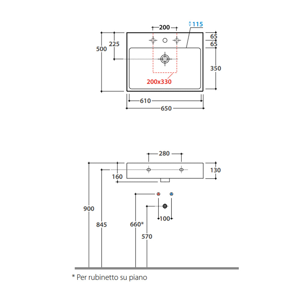 Lavabo rettangolare Stone 65x50x13 cm Ceramica Globo â€“ Bianco lucido