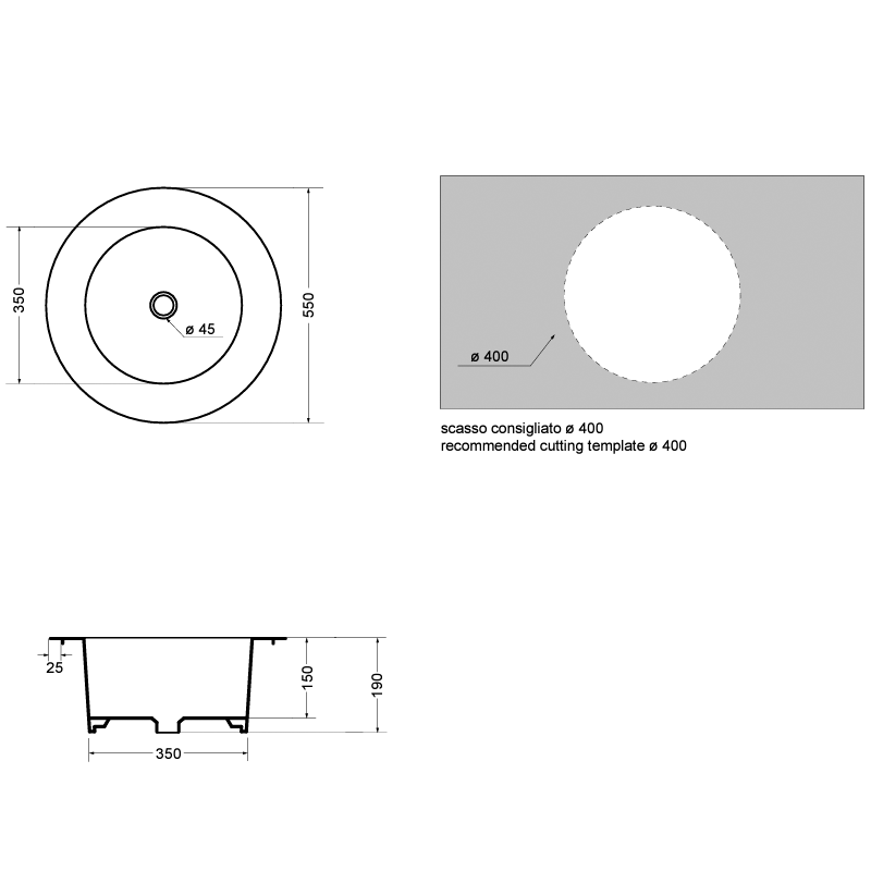 Lavabo da incasso tondo convesso diametro 55 cm profondo 19 cm AXA Ceramiche