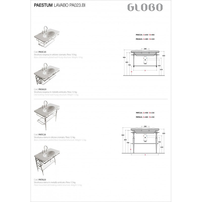 Lavabo sospeso 100x55 Ceramica Globo PAESTUM PA023.BI