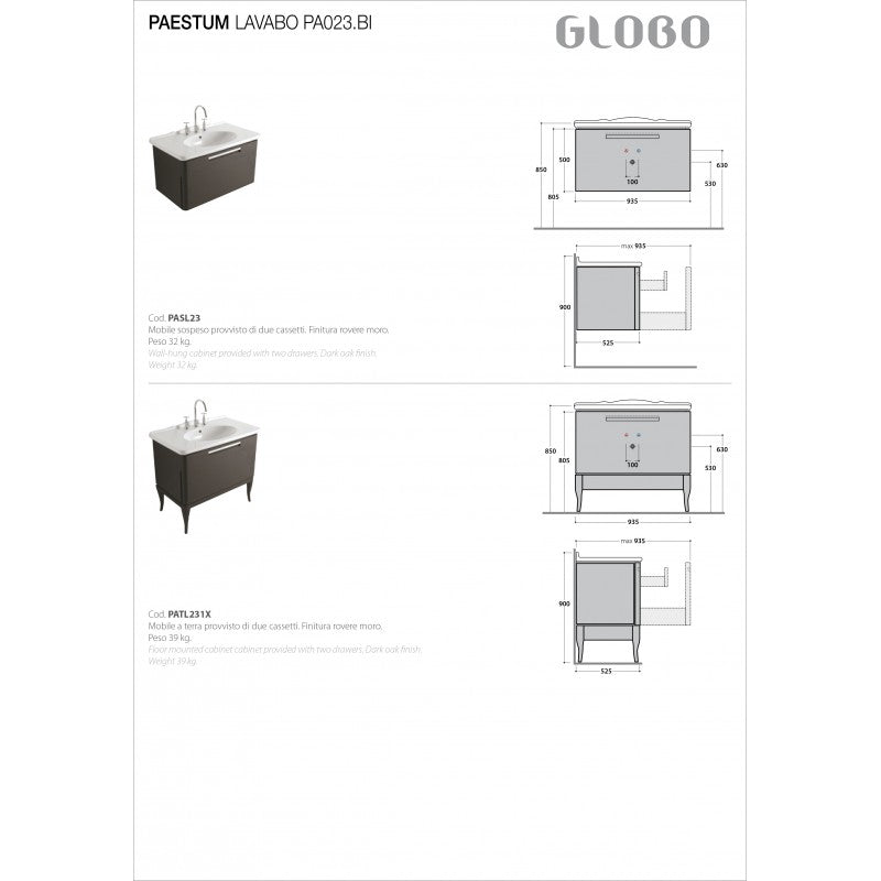 Lavabo sospeso 100x55 Ceramica Globo PAESTUM PA023.BI