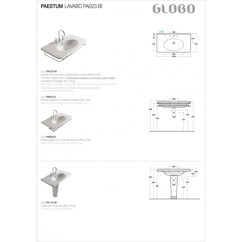 Lavabo sospeso 100x55 Ceramica Globo PAESTUM PA023.BI