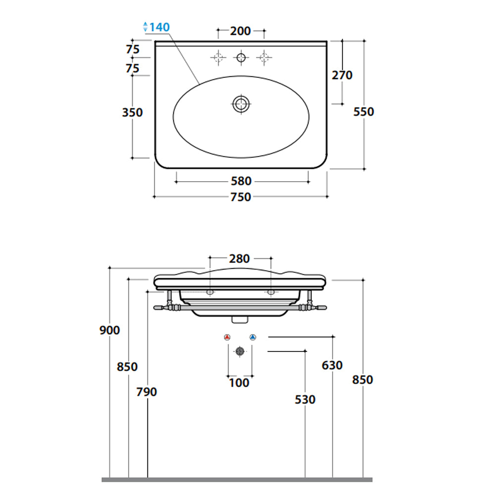 Lavabo sospeso cm 75x55x20h modello Paestum di Ceramica Globo