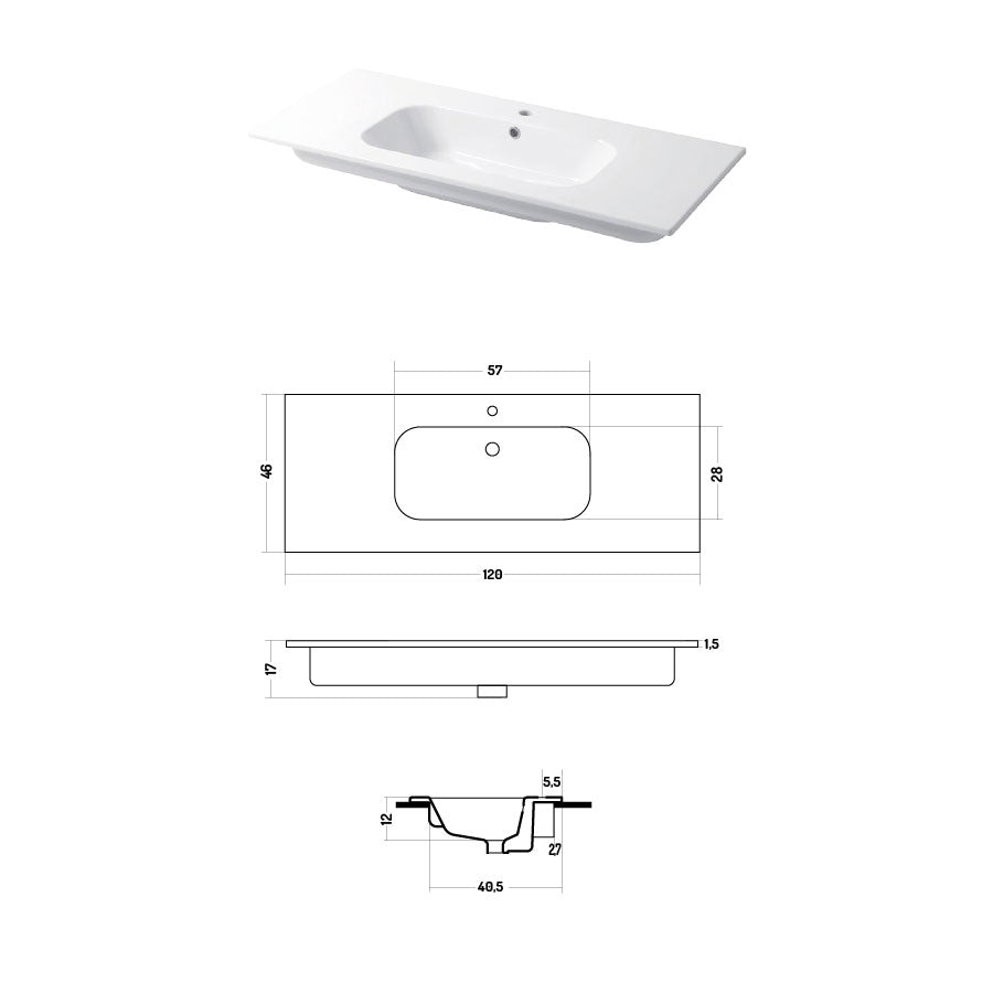 Lavabo a consolle in ceramica bianca lucida serie Qubo Square 46 Disegno-Ceramica 121cm