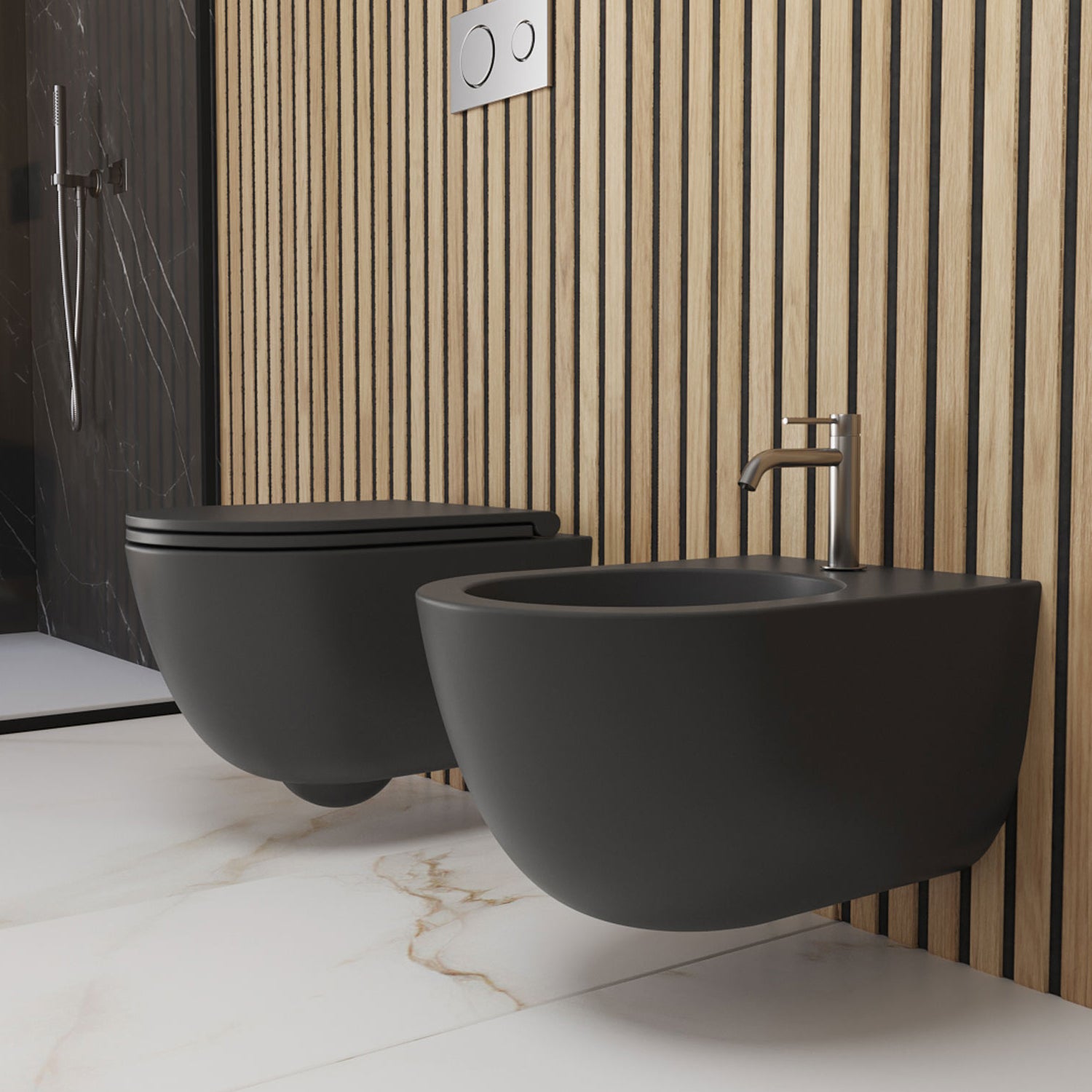 Coppia di Sanitari Sospesi 52x36 cm serie Dream di Ceramica Galassia con sedile slim soft close- Nero Opaco