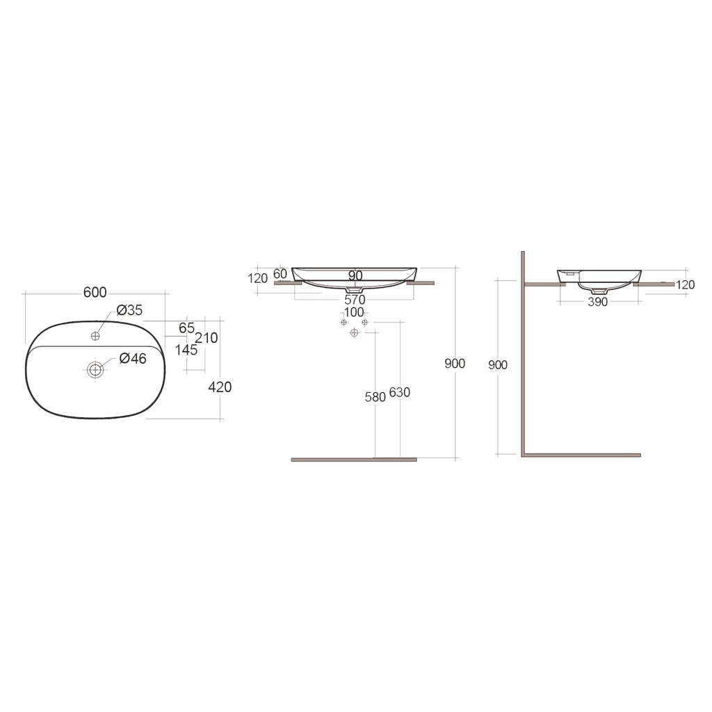 Lavabo ad incasso ovale allungato monoforo RAK 60x42 cm - Bianco