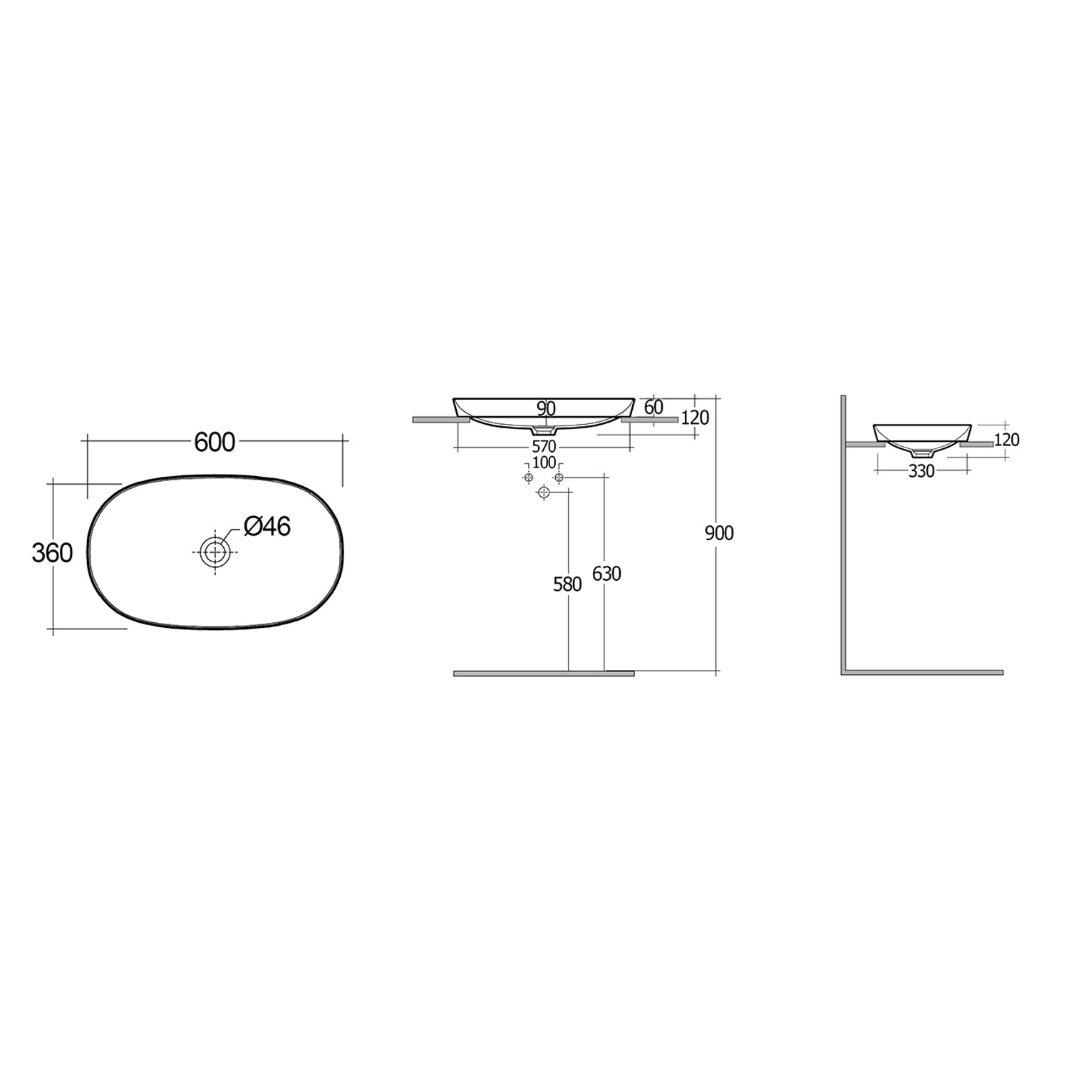Lavabo ad incasso ovale allungato senza foro RAK 60x36 cm - Bianco