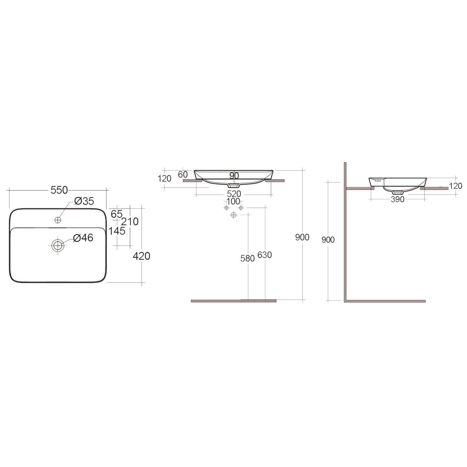 Lavabo ad incasso rettangolare monoforo RAK 55x42 cm - Bianco