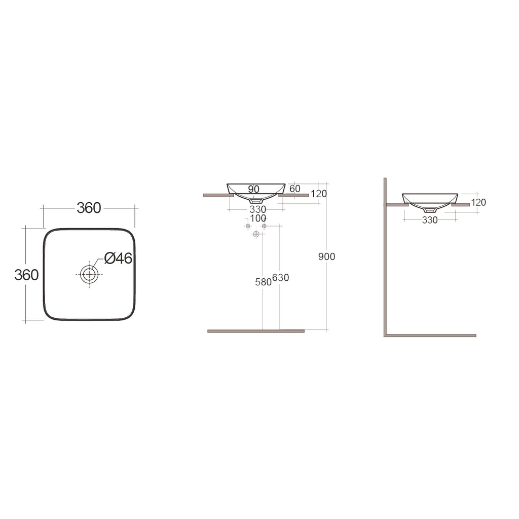 Lavabo ad incasso quadrato senza foro RAK 36x36 cm - Bianco