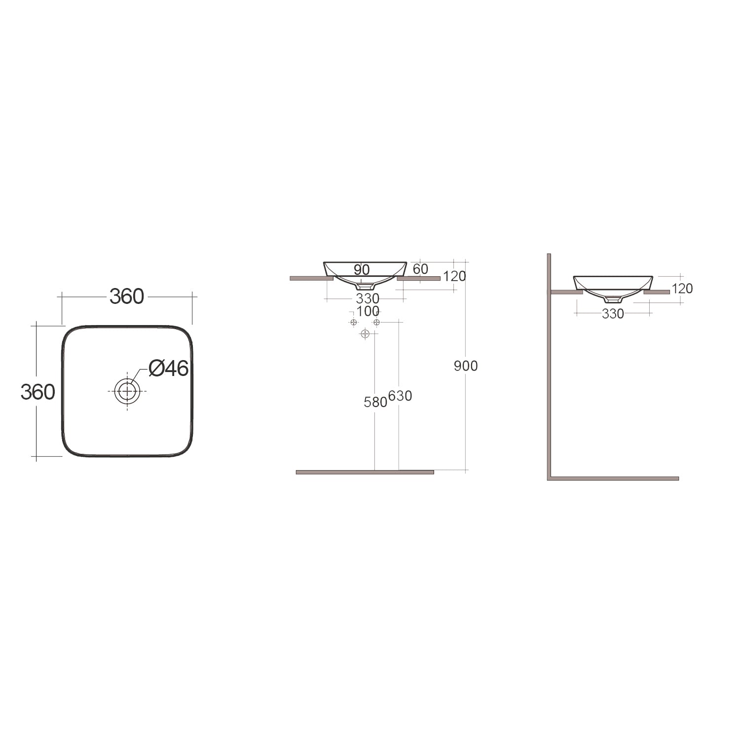 Lavabo ad incasso quadrato senza foro RAK 36x36 cm - Bianco