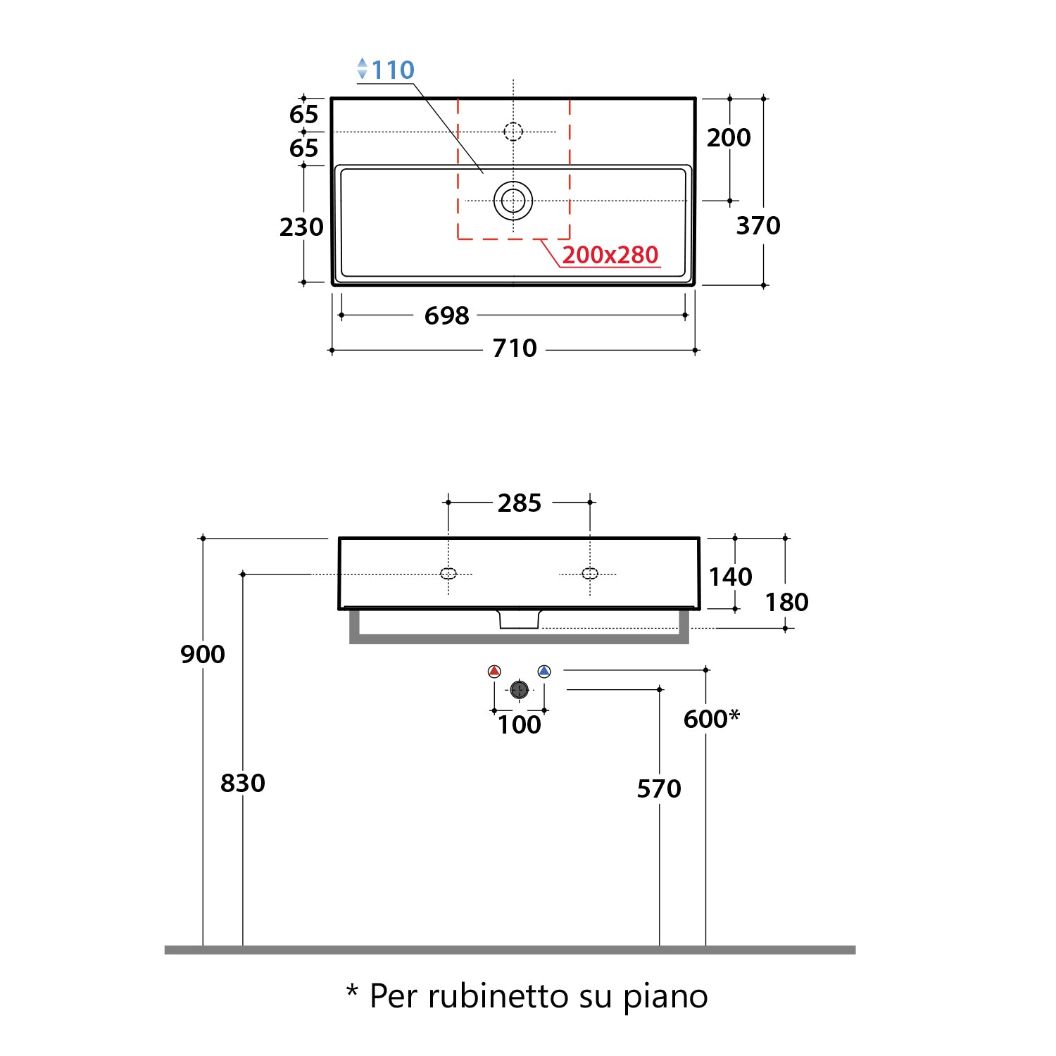 Lavabo per installazione sospesa o appoggio T-Edge di Ceramica Globo cm 71x37
