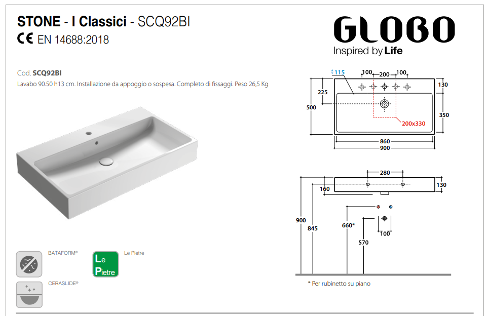 Lavabo Sospeso in ceramica Bianca Ceramica Globo Classic 90x50