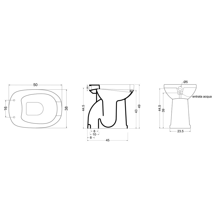 Vaso bidet aperto con erogatore e scarico a pavimento adatto per disabili e anziani