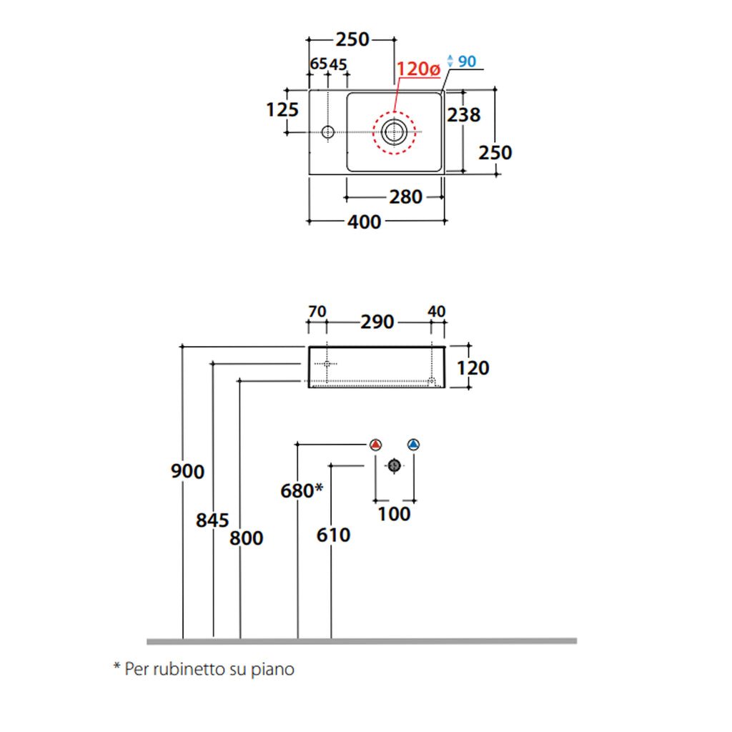 Lavabo da appoggio o sospeso T-Edge  40x25 cm ceramica bianca lucida - Foro sinistra