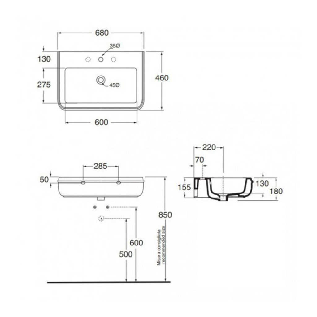 Lavabo sospeso 68 cm Azzurra modello Charme in ceramica