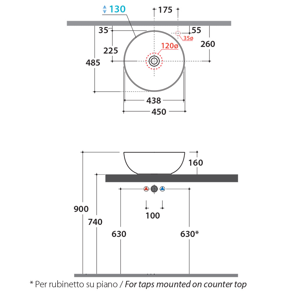 Lavabo da appoggio modello T-EDGE B6T45.BI di Ceramica Globo. Di forma tonda con diametro di 45 cm