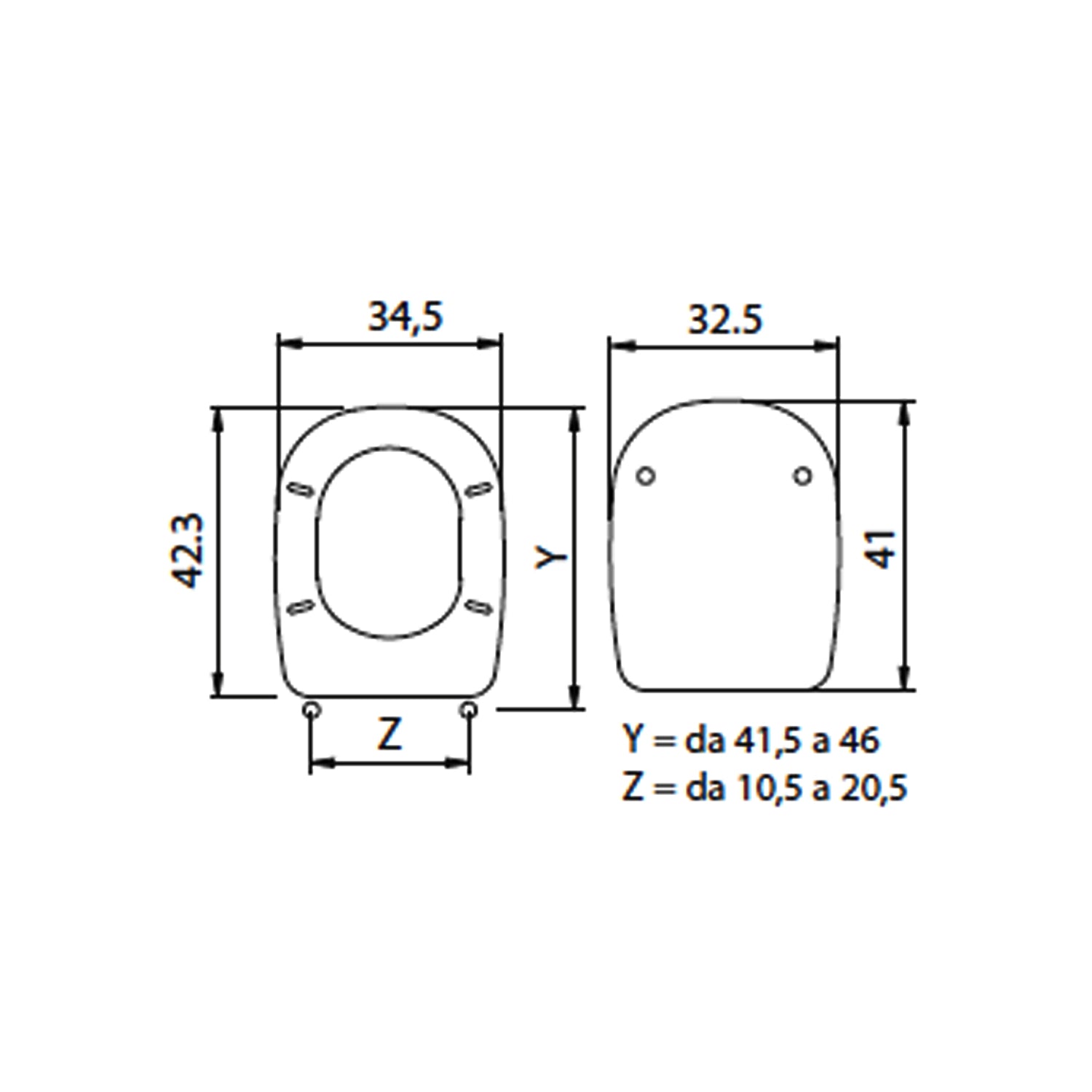 Sedile wc in termoindurente per vaso Ideal Standard serie Tesi con cerniere regolabili normal close
