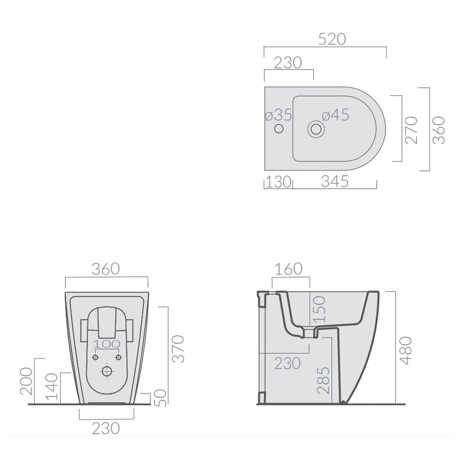 Bidet filomuro monoforo 52x36 cm serie Dreams di Ceramica Galassia altezza 48 cm