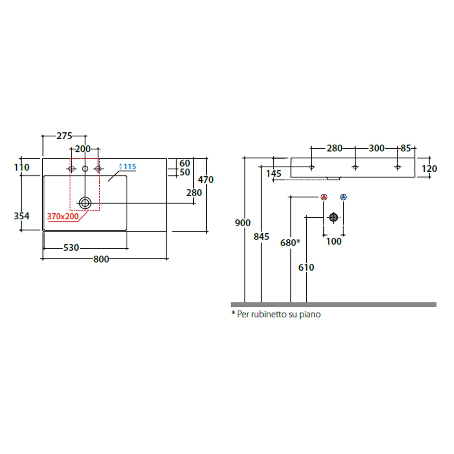 Lavabo da appoggio o sospeso T-Edge ceramica bianca lucida 80x47 peso 24 Kg