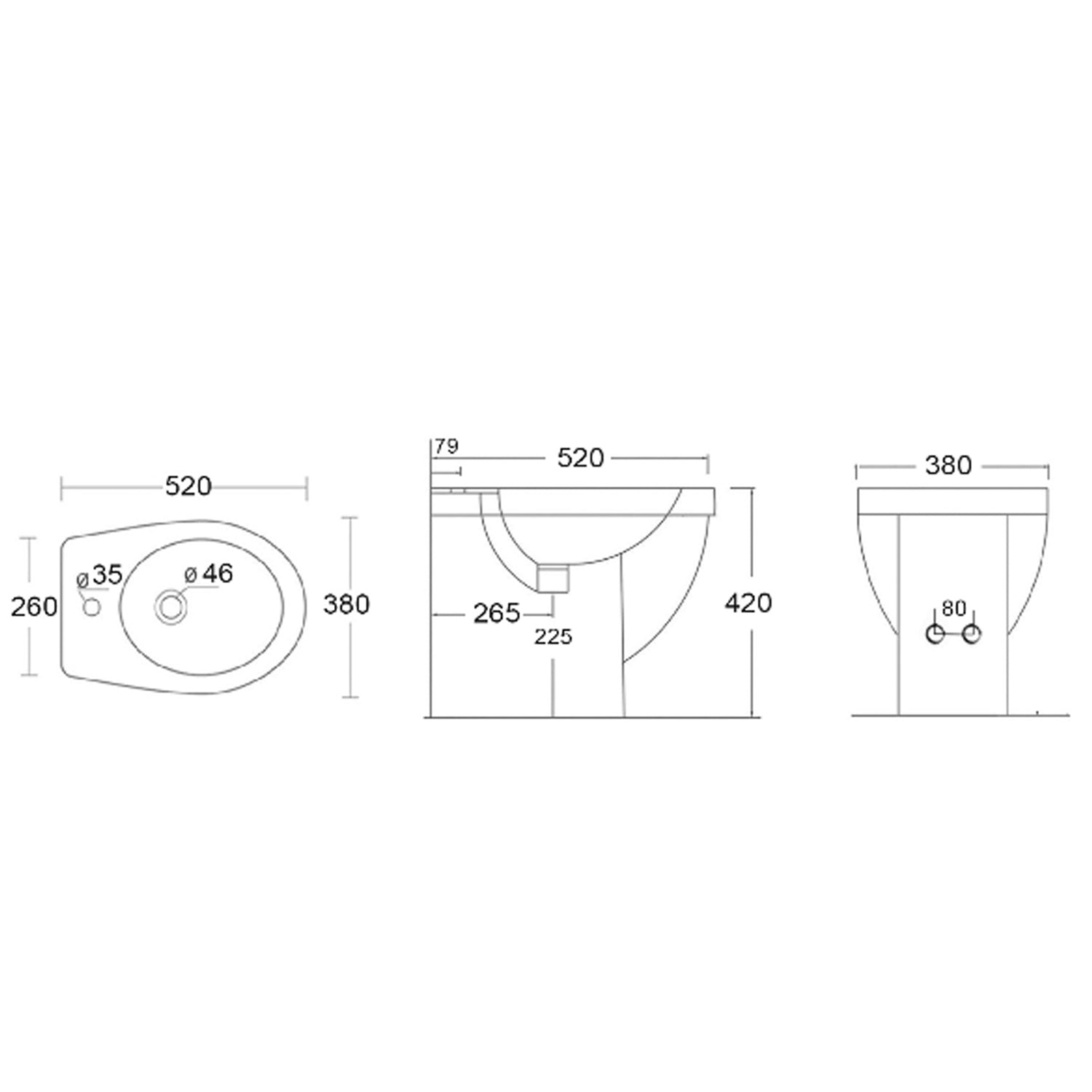 Bidet filomuro serie King in ceramica bianca con troppopieno e foro rubinetteria