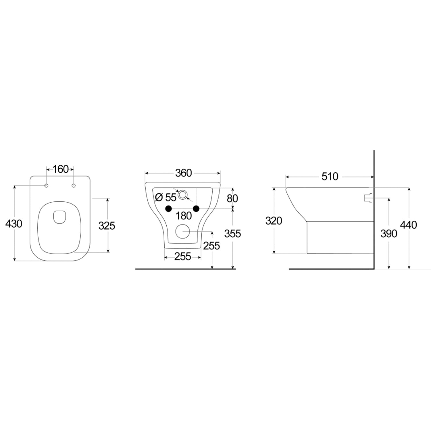 Vaso Sospeso Rimless BathCore serie Jasmine 44 cm con sedile - Bianco
